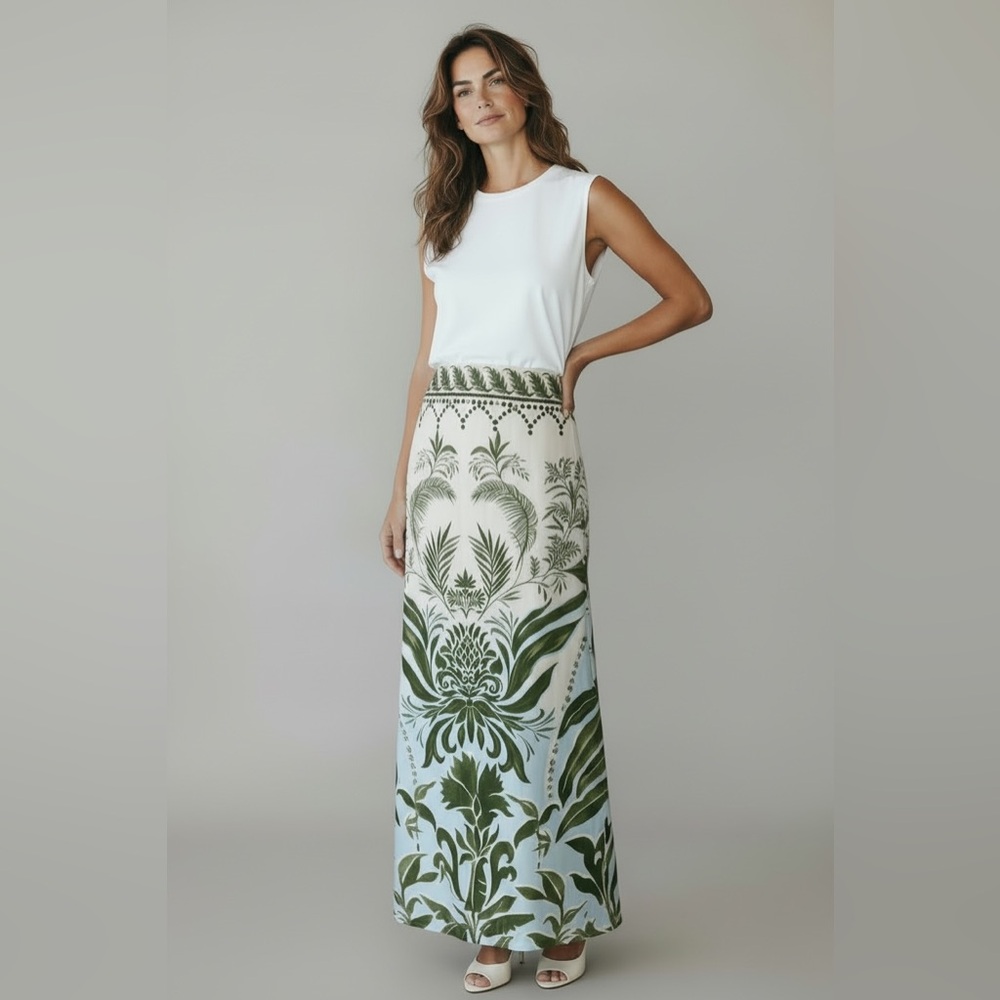 Floral Green and White Women's Skirt - Picture 2 of 7